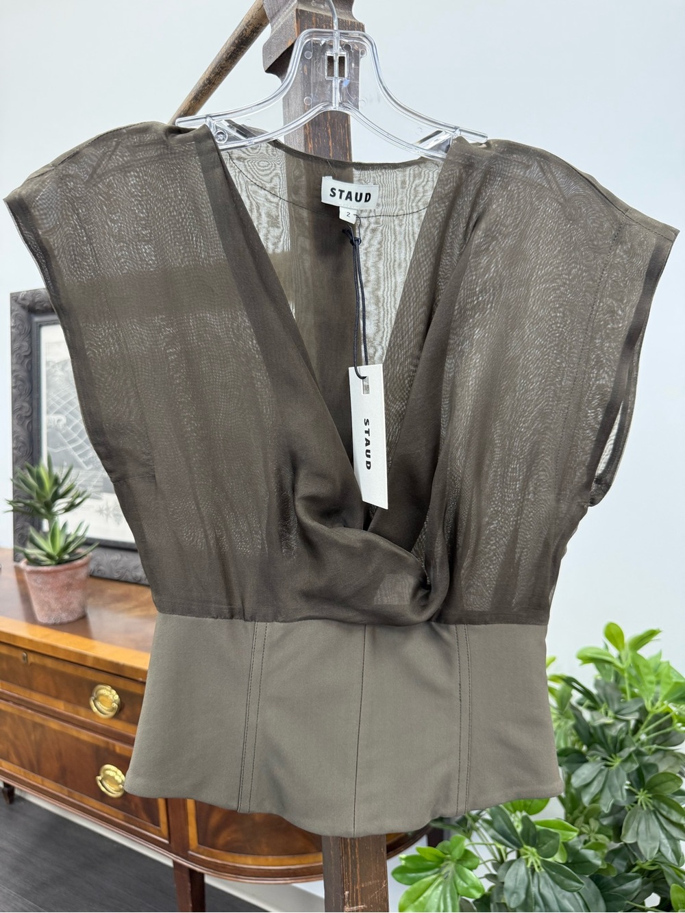 STAUD Olive/Grey Sheer Drape-Neck Women’s Top